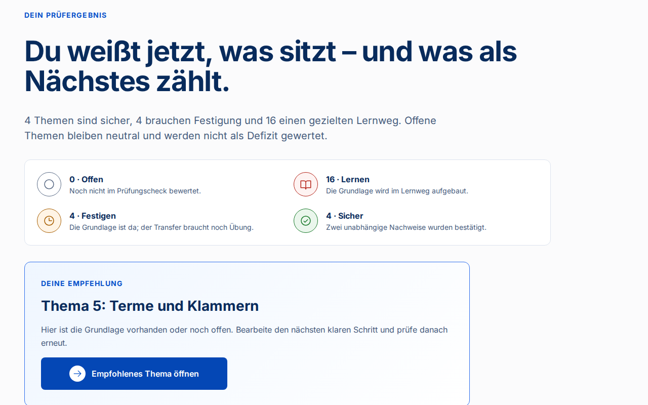 Ergebnis des Wissens-Checks mit dem Stand der Prüfungsthemen und dem empfohlenen nächsten Schritt.