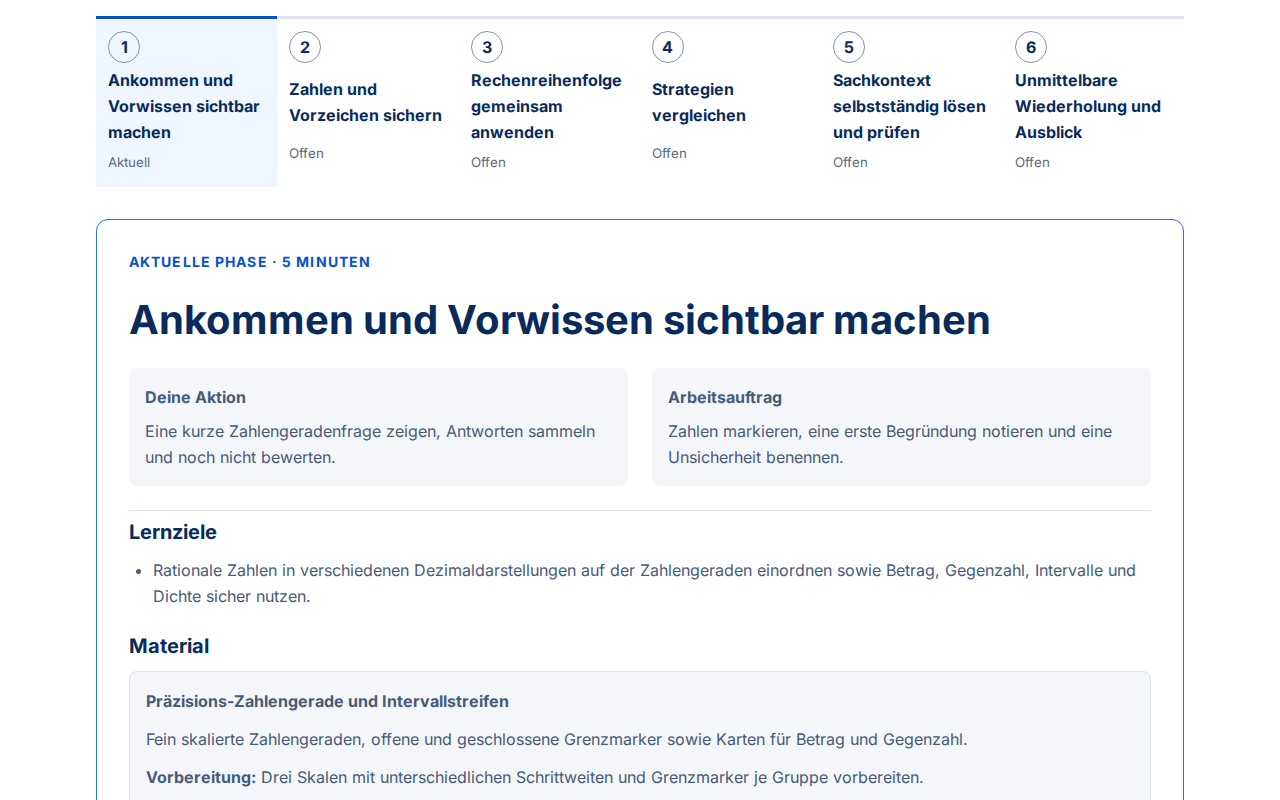Lehrercockpit vor der Stunde mit Lernziel, sechs Unterrichtsphasen sowie vorbereiteten Materialien und Aufgaben.