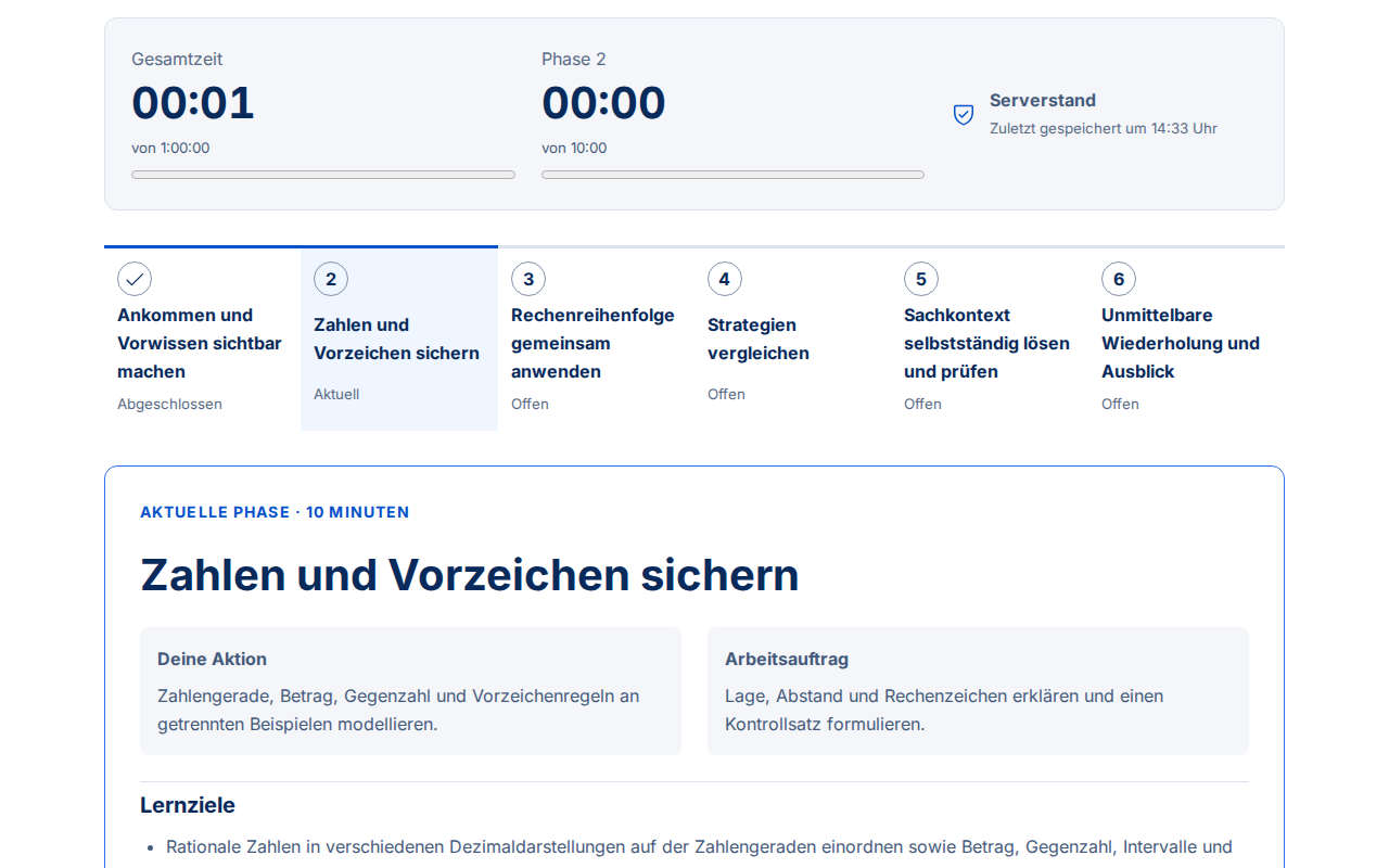 Live-Modus des Lehrercockpits mit markierter aktueller Phase, Zeitanzeige und nächster Unterrichtsaktion.